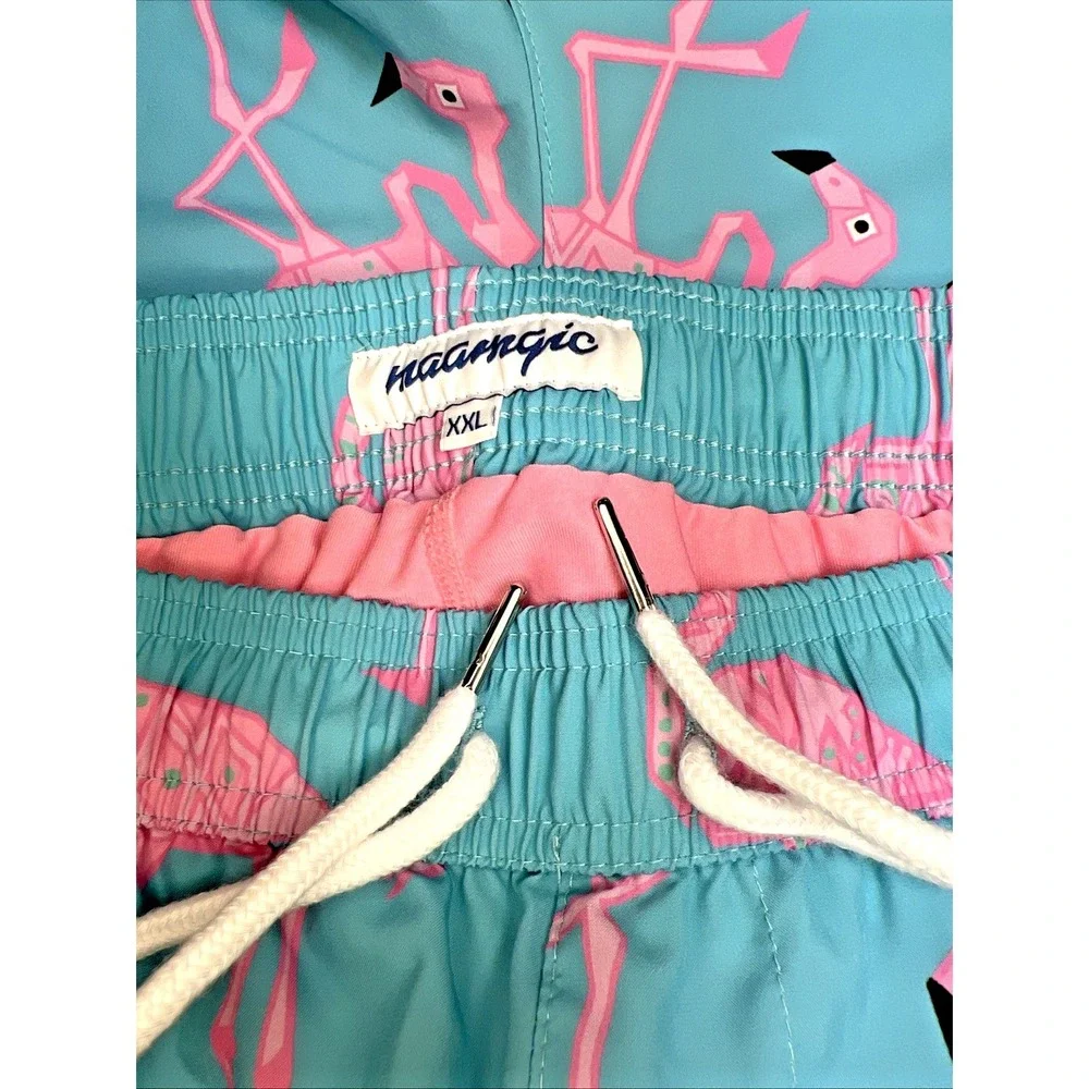 Maamgic Swim Trunks XXL Teal Flamingo Print Zipper‎ Pockets Lined Bathing Suit